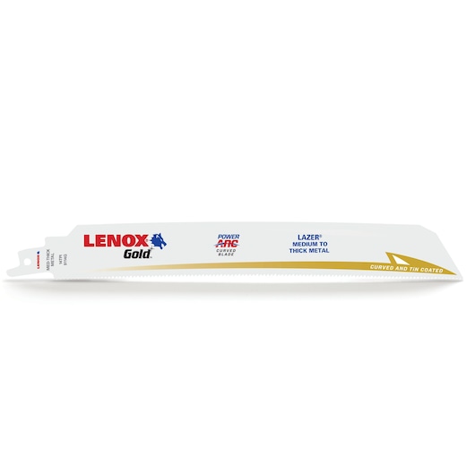 LENOX 210989114GR gold curved reciprocating saw blade for medium to thick metal, side angle photo.