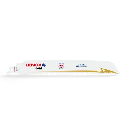 LENOX Gold curved reciprocating saw blade 210999118GR for medium metal, white with gold tip, side angle on white background.