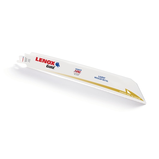 LENOX Gold 210999118GR reciprocating saw blade for medium metal, white with gold accent, side angle on white background.