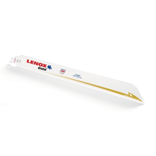 LENOX Gold reciprocating saw blade SKU 2110012110GR, white with gold accents, side angle on white background.