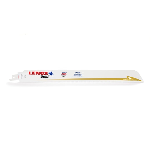 LENOX Gold reciprocating saw blade, SKU 2110112114GR, white and gold, side view on white background.