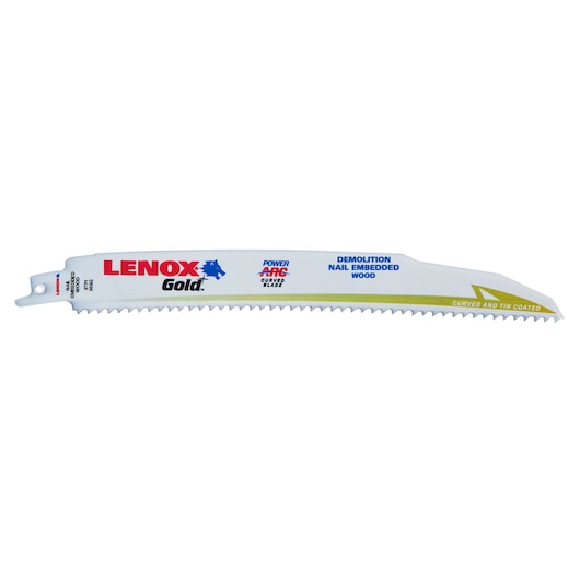 Photo of LENOX demolition saw blade 21222B966GR, white with gold and blue markings, curved and tin coated, for wood.