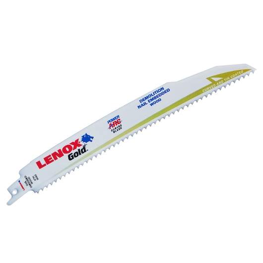Photo of LENOX 21222B966GR demolition reciprocating saw blade for nail embedded wood, white with gold details, angled view.