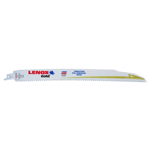 LENOX Gold demolition reciprocating saw blade 21223B106GR, white with gold accent, straight angle, for wood with nails.