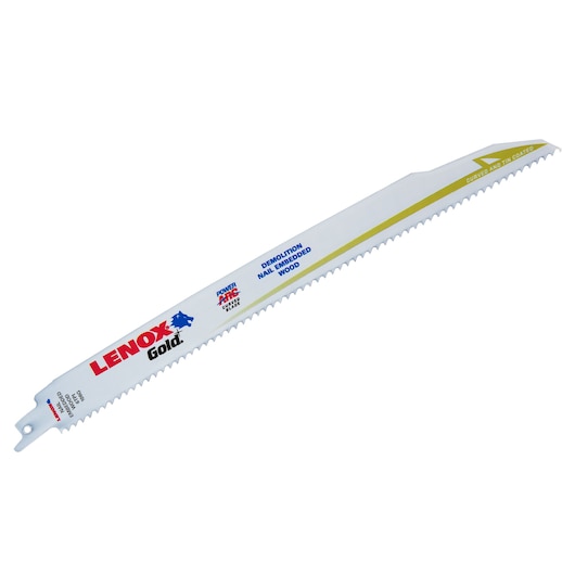 LENOX demolition reciprocating saw blade 21223B106GR, white with gold strip, straight angle, on white background.