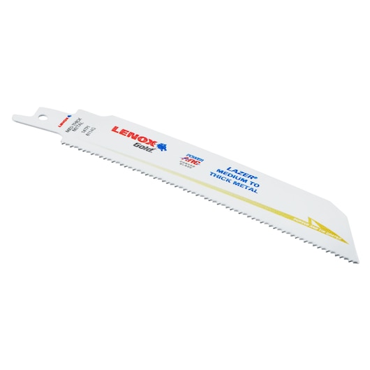Photo of LENOX reciprocating saw blade 21226B6114GR, white with printed blue, red, and gold text, angled on white.