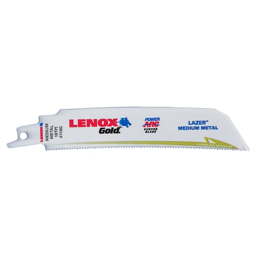 Photo of LENOX 21227B6118GR reciprocating saw blade for medium metal, white with blue and red text, side angle.