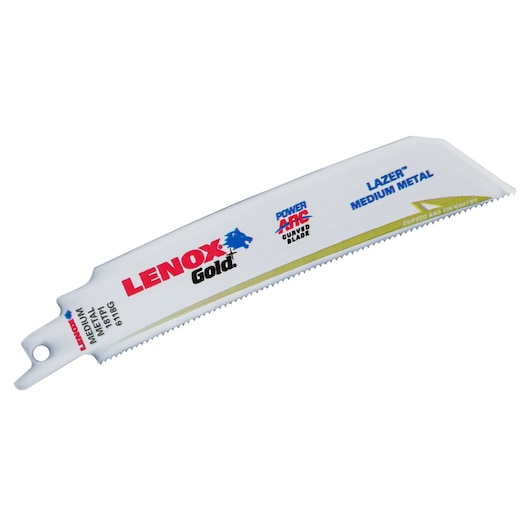 Photo of LENOX reciprocating saw blade SKU 21227B6118GR, white with gold accent, for medium metal, flat angle.