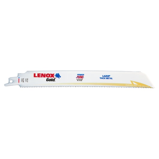 LENOX 21229B9110GR white reciprocating saw blade with gold accent for thick metal, photography on white background.