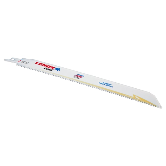 Photo of LENOX 21229B9110GR reciprocating saw blade, white with toothed edge, designed for thick metal, angled view.