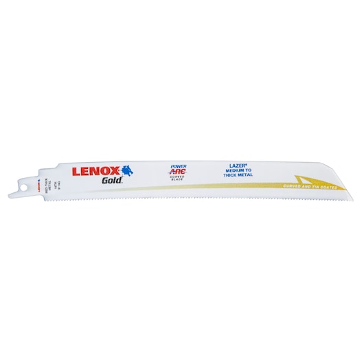 LENOX Gold curved reciprocating saw blade for thick metal, SKU 21235B9114GR, side angle, white background.