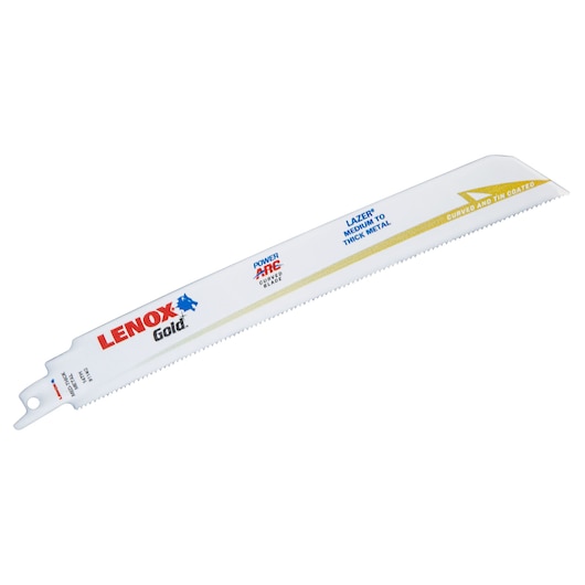 LENOX reciprocating saw blade 21235B9114GR, white with gold accent, curved design, for medium to thick metal, angled view.