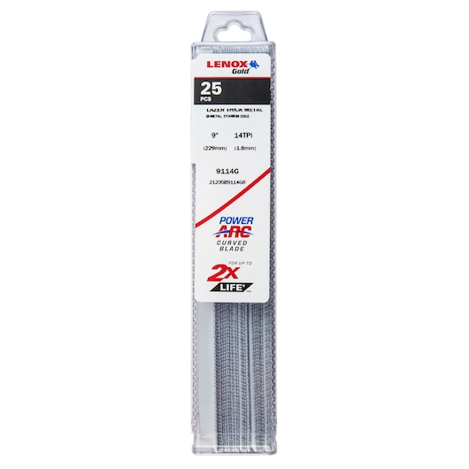 LENOX 25-pack 9 inch curved bi-metal reciprocating saw blades in clear box, SKU 21235B9114GR, front angle.
