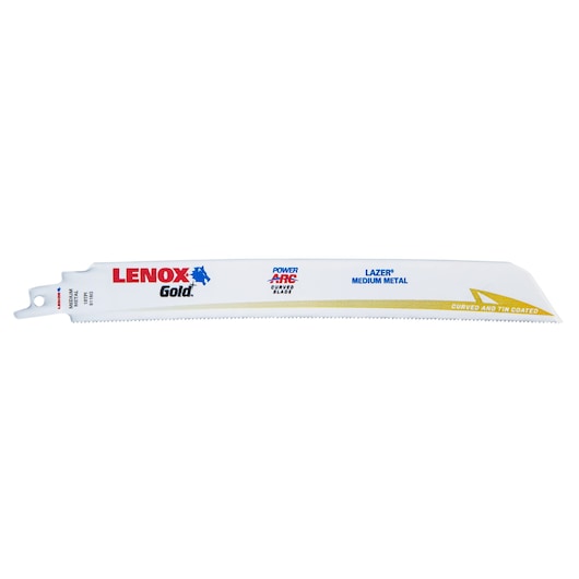 LENOX curved reciprocating saw blade, white with gold accents, SKU 21236B9118GR, product photo on white background.