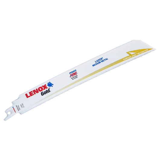 LENOX Gold 21236B9118GR reciprocating saw blade, white with gold and blue details, angled on white background.