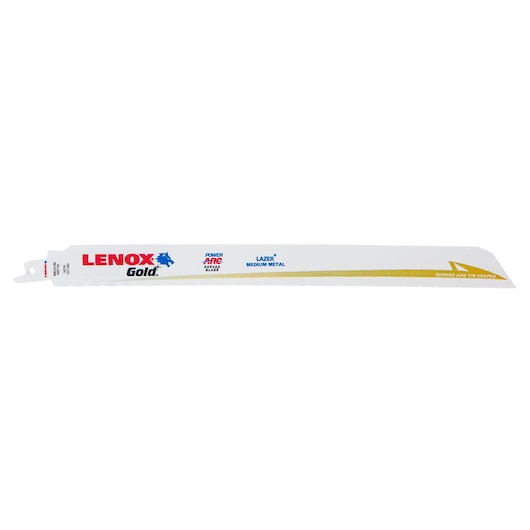 LENOX Gold metal cutting saw blade SKU 21239b12118gr, white and gold, side angle on white background.