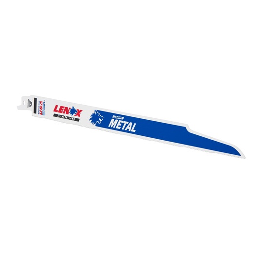 LENOX 21510118R reciprocating saw blade for medium metal, white and blue, side angle on white background.