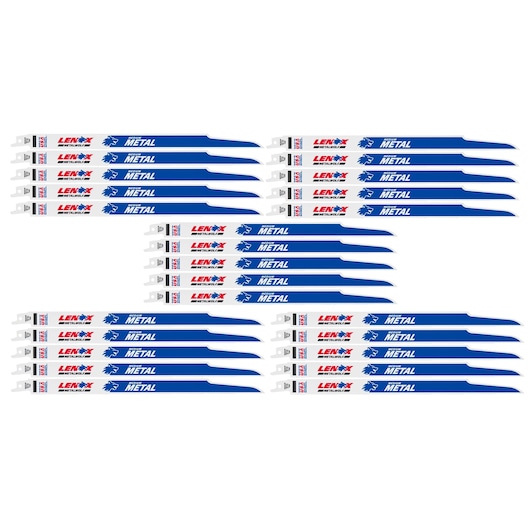 LENOX 21511B118R assorted blue and white metal reciprocating saw blades set, front angle, photography