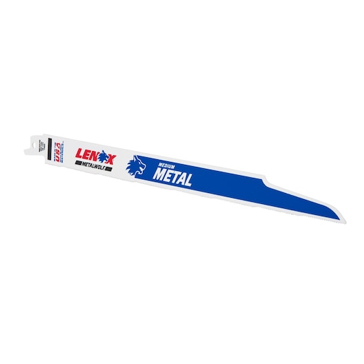 LENOX 21511B118R metal reciprocating saw blade, white and blue, side angle on white background.