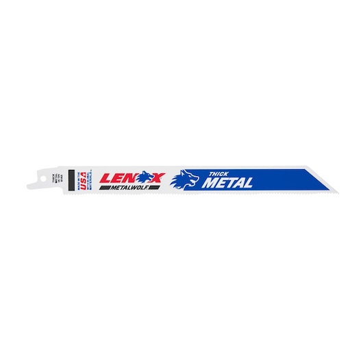 LENOX reciprocating saw blade 21519814R for thick metal, white blade with blue and red accents, side view on white.