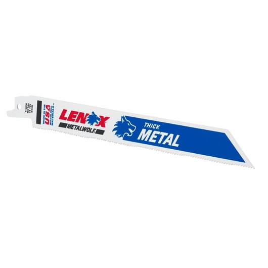 LENOX 21519814R reciprocating saw blade for thick metal, white blade with blue and red branding, side view.