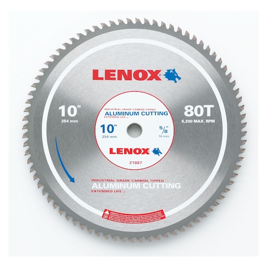 Photo of LENOX 21887AL100080CT 10-inch 80T aluminum cutting circular saw blade, carbide-tipped, front angle, white background.