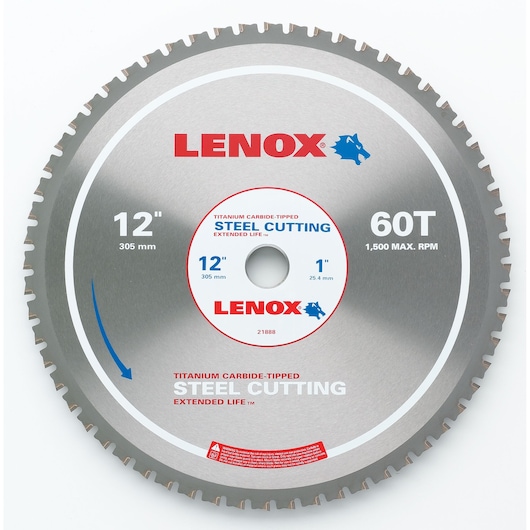 Photo of LENOX 21888ST120060CT steel cutting circular saw blade, 12 inch, 60 teeth, silver finish, front angle.