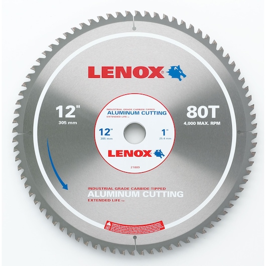 LENOX 21889AL120080CT 12-inch 80-tooth aluminum cutting circular saw blade, carbide-tipped, photography, front angle.