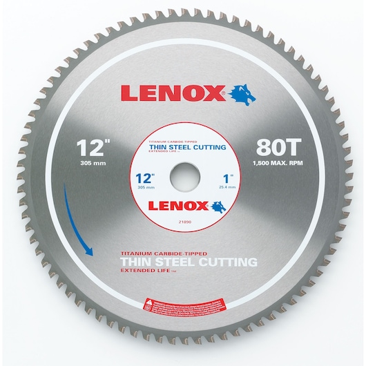 LENOX 21890TS120080CT 12-inch 80T titanium carbide-tipped thin steel cutting circular saw blade, front angle.