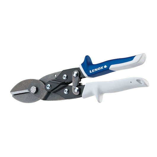 Photo of LENOX 22208C3 aviation snips with blue and white ergonomic handles, side view on white background.