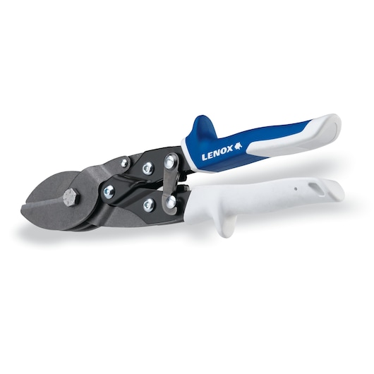Photo of LENOX 22209C5 aviation snips with blue and white ergonomic handles, angled on white background.