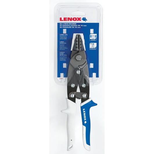 LENOX S2 3 inch seamer, blue and white handle, in retail packaging, SKU 22210S2, front view.