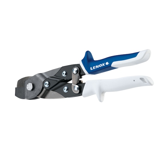 LENOX 22211N2 aviation snips with blue and white ergonomic handles, side angle, on white background