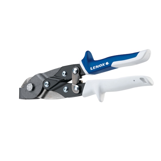 LENOX 22212SL1 aviation snips with blue and white handle, side view on white background.