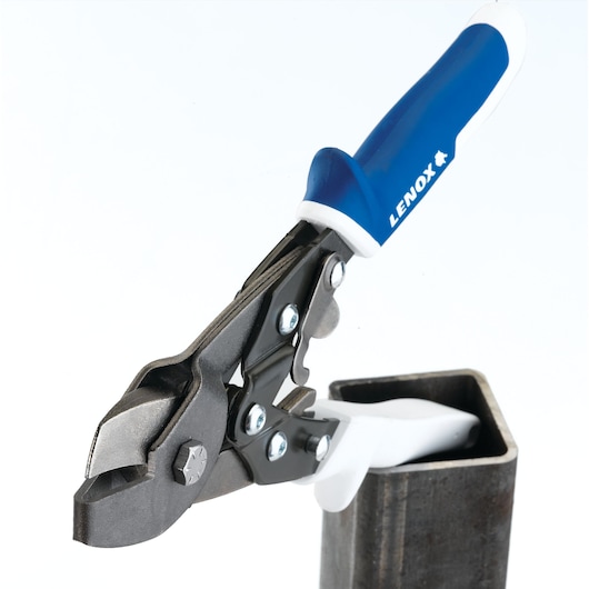 LENOX 22212SL1 aviation snip with blue handle, angled cutting jaw, close-up on white background.