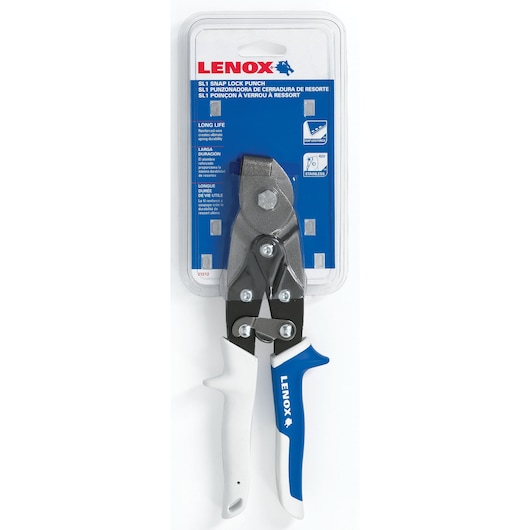 LENOX 22212SL1 spring lock punch with blue and white handles, front angle, in retail packaging.