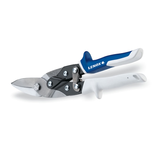 LENOX 22213PDC4R aviation snip with blue and white handle, angled on white background.
