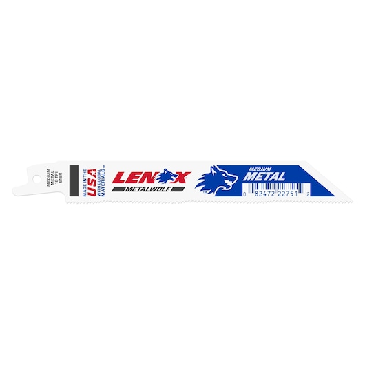 Photo of LENOX 22751OSB618R reciprocating saw blade for medium metal, white with blue and red branding, flat lay.