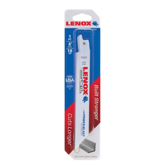 Photo of LENOX 22751OSB618R reciprocating saw blade, 6 inch, 18 TPI, for medium metal, front packaging on white background.