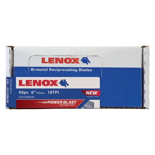 Photo of LENOX bi-metal reciprocating blades box, 50pc, 6in, 18TPI, SKU 22751OSB618R, front angle.