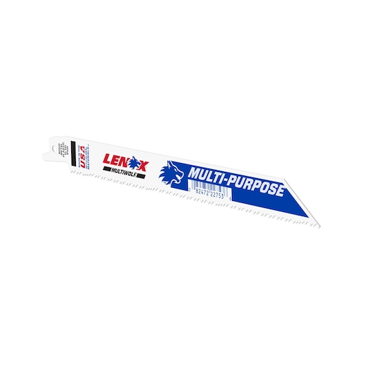 Photo of LENOX 22753OSB810R white reciprocating saw blade with angled tip and bold branding, on white background.