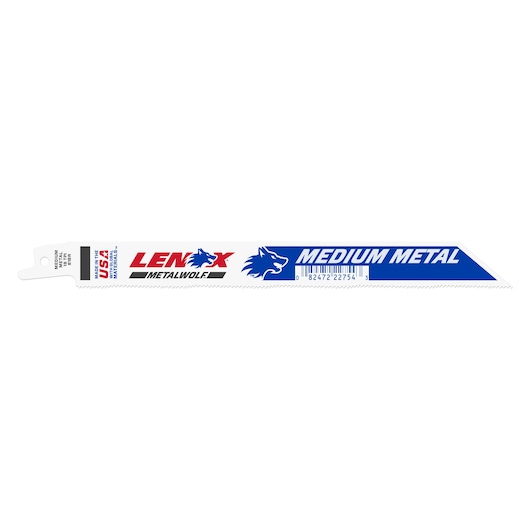 LENOX METALWOLF medium metal reciprocating saw blade, SKU 22754OSB818R, white and blue, side angle.