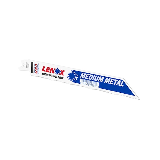 LENOX reciprocating saw blade for medium metal, white and blue, SKU 22754OSB818R, front angle on white background.