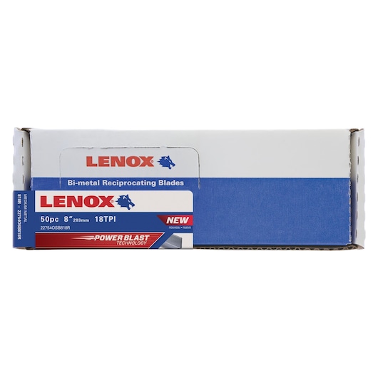 LENOX bi-metal reciprocating blades box, 50 pieces, 8 inch, 18 TPI, front angle, SKU 22754OSB818R.