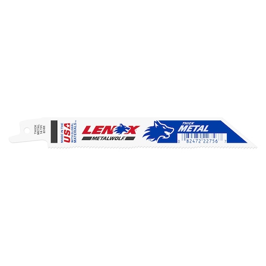 Photo of LENOX 22756OSB614R thick metal reciprocating saw blade, white with red and blue branding, side view.