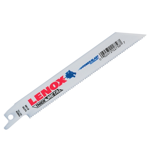 Photo of LENOX 22756OSB614R thick metal reciprocating saw blade, white, angled view on white background.
