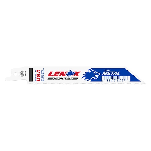 Photo of LENOX 22757OSB624R reciprocating saw blade for thin metal, white blade with blue and red branding, side angle.