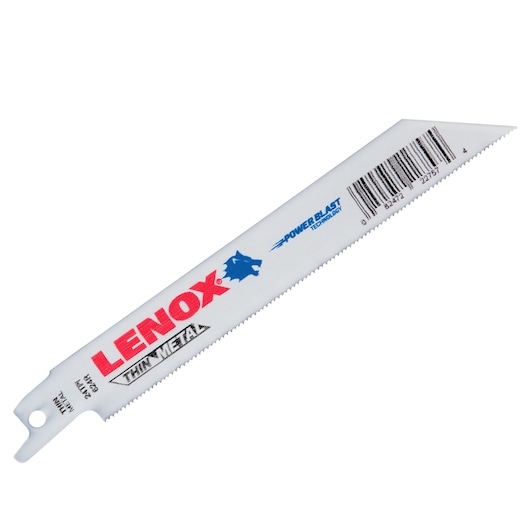 Photo of LENOX 22757OSB624R thin metal reciprocating saw blade, white with blue and red branding, angled on white background.