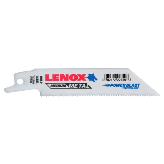 LENOX 22759OSB418R medium metal reciprocating saw blade, white with branded text and barcode, side view on white background.