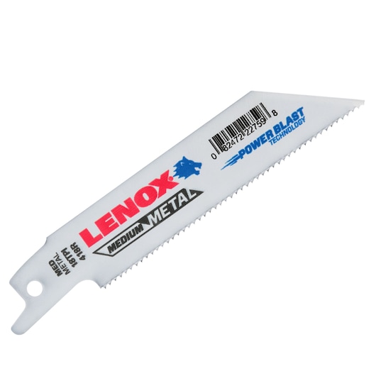 LENOX medium metal reciprocating saw blade SKU 22759OSB418R, white with angled tip, product photography
